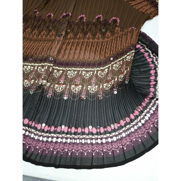 Avenue French Crinkle Pleated Button Blouse 14/16 Brown Sequins pink floral - Picture 5 of 11